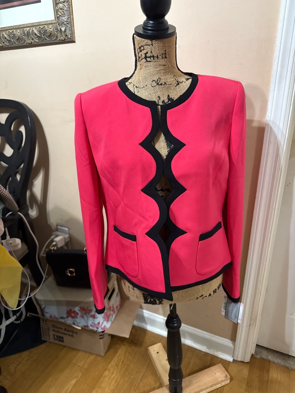 Bright Pink Scalloped-Edge Blazer with Black Trim